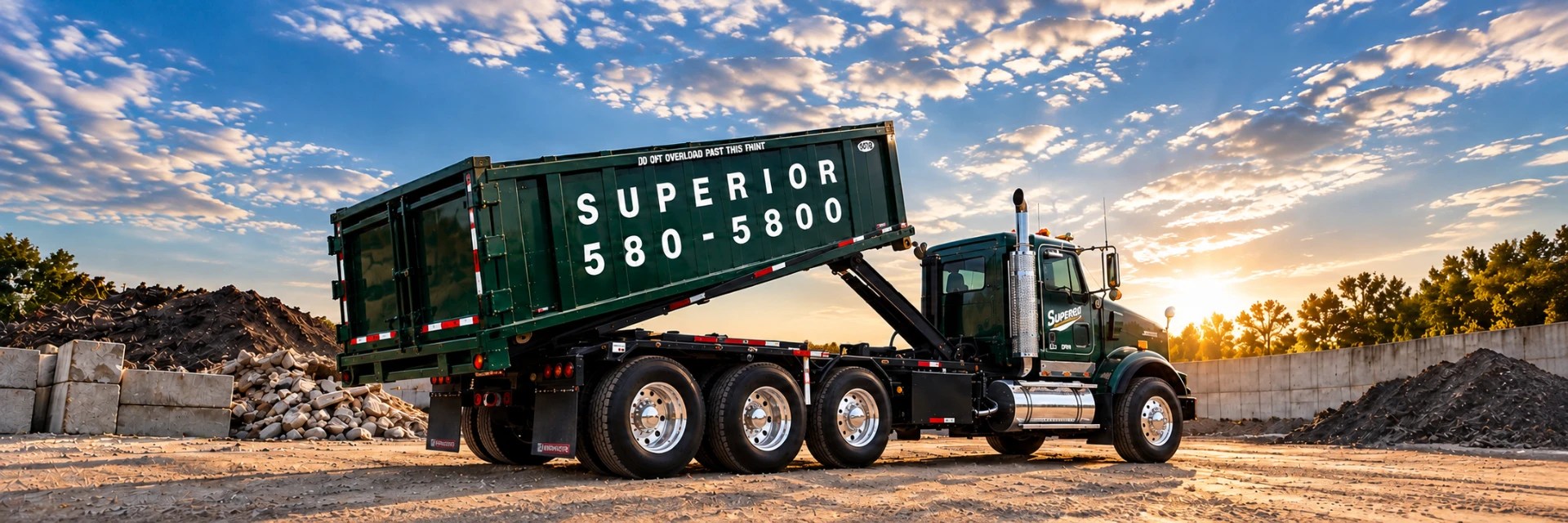Superior Waste roll-off truck tipping a green container at sunset