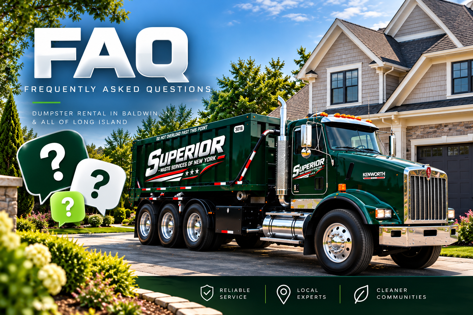 Superior Waste roll-off truck in a Long Island driveway — frequently asked questions