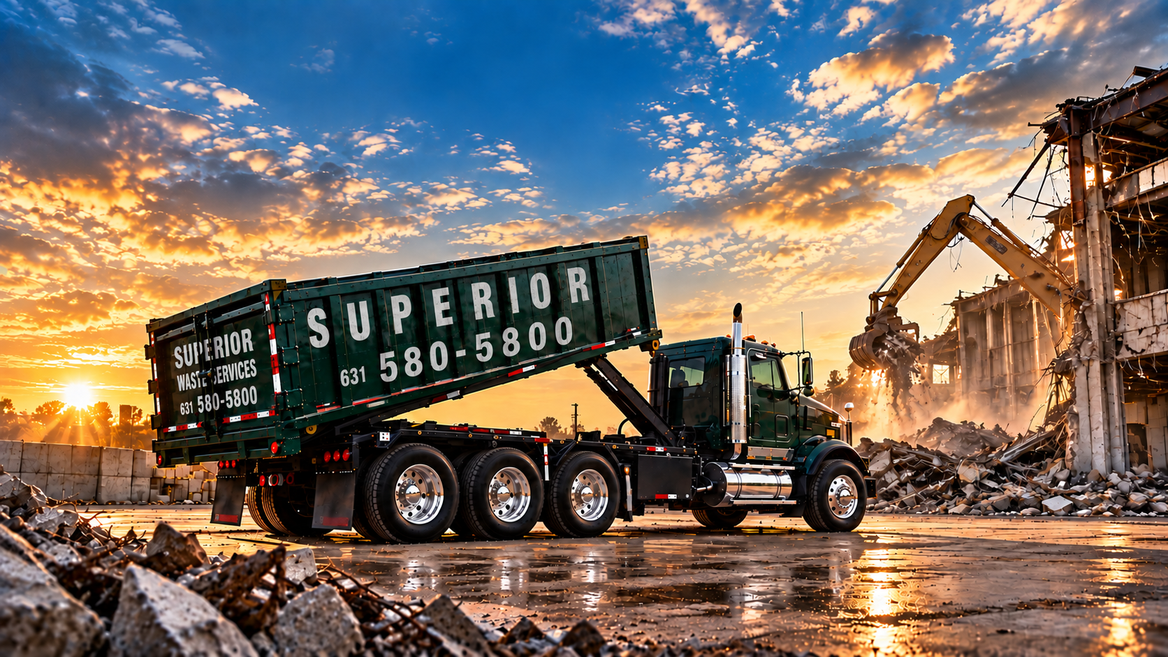 Superior Waste roll-off truck at a demolition site at sunset