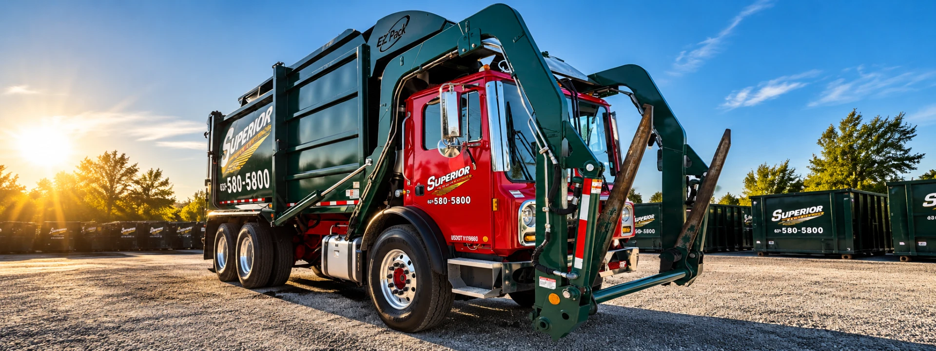 Superior Waste front-load garbage truck in the Long Island container yard at sunrise