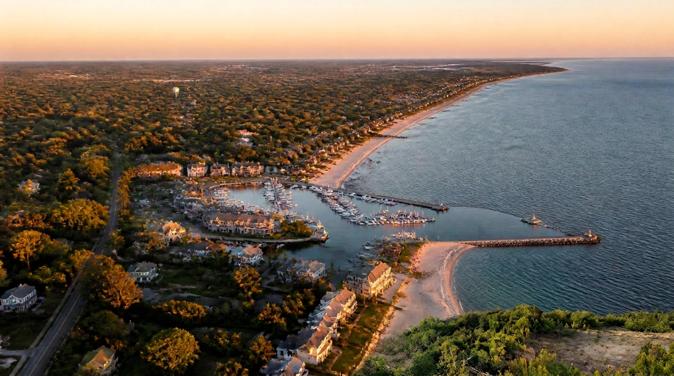 Aerial view of the Long Island shoreline at golden hour