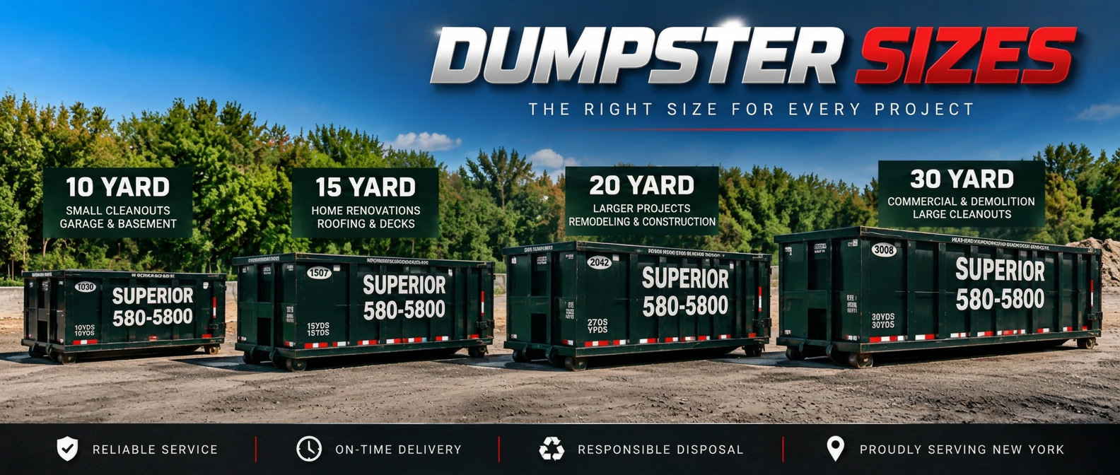 Superior dumpster sizes: 10, 15, 20 and 30 yard containers