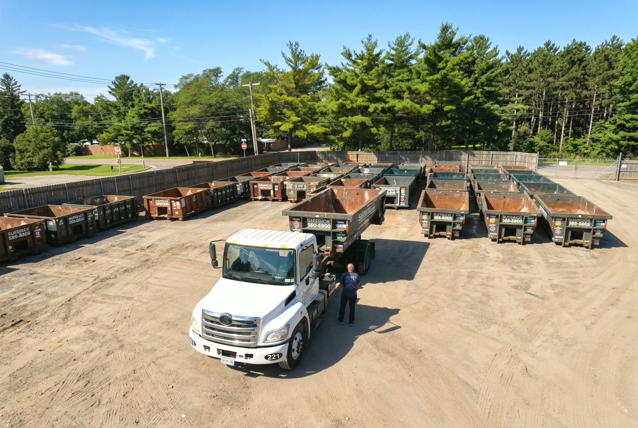 Superior Waste roll-off truck and rows of containers in the Long Island yard